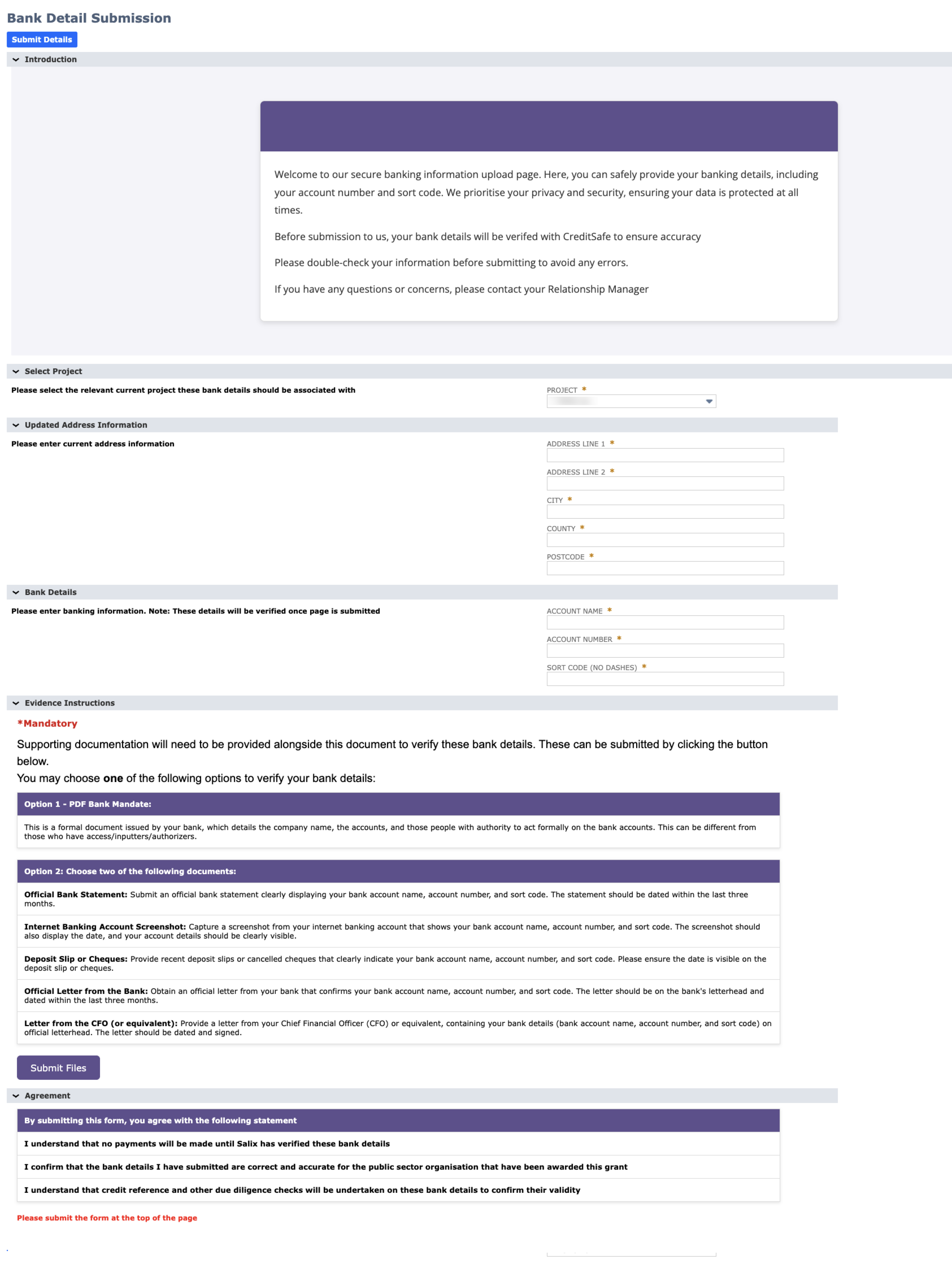 Bank detail submission form