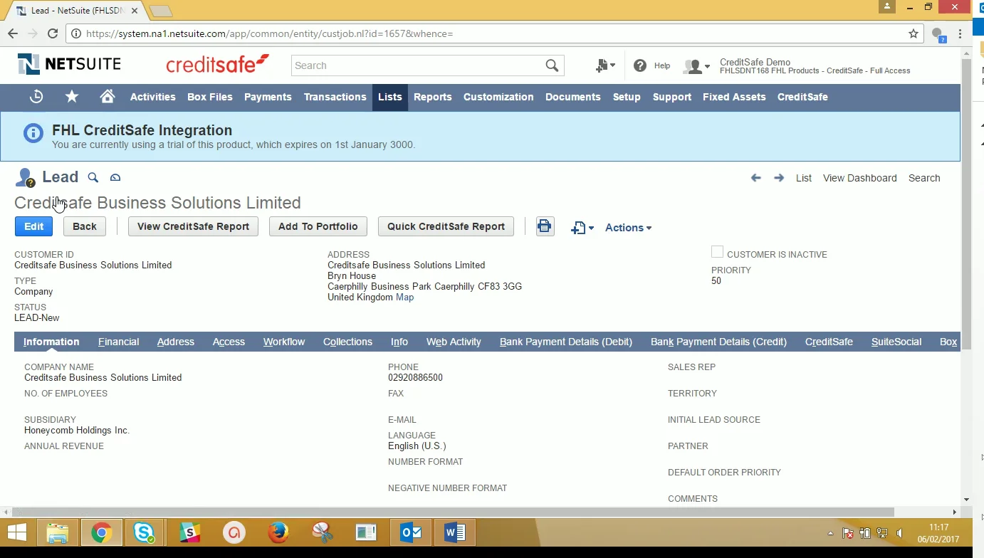Credit agency integration on a NetSuite customer record